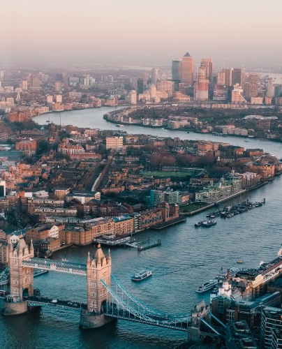 wide angle of london city centre and view of the thames