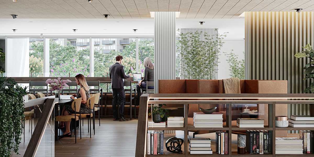 The first-floor resident's lounge. Many seating areas and places to work from. Views to the park below.