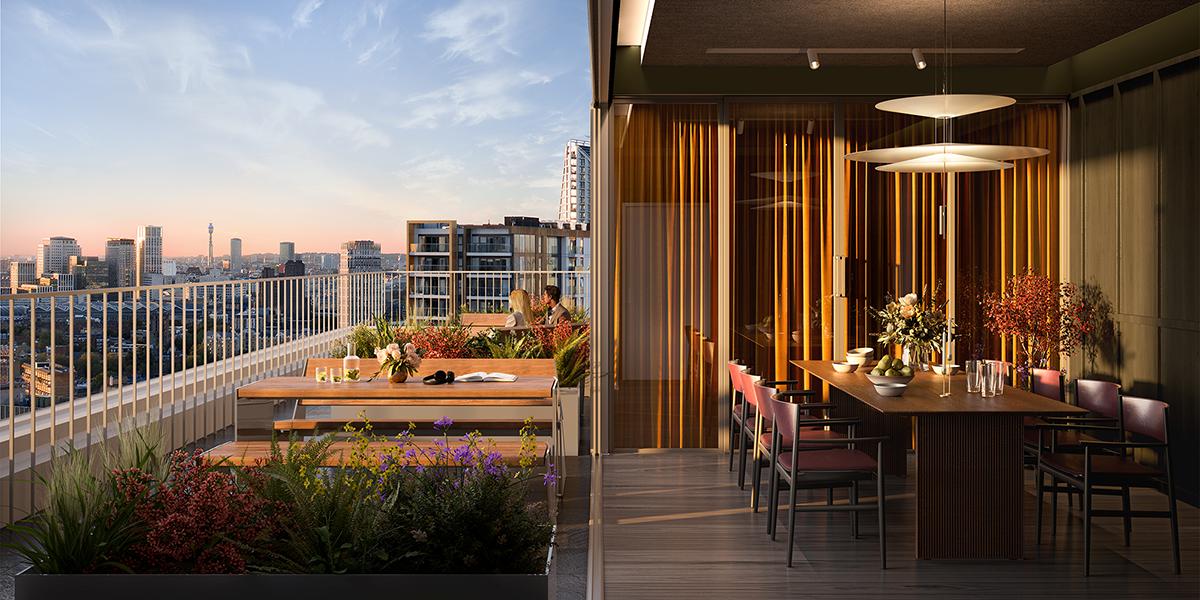 The skylounge dining area to the right, and an adjoiing terrace with views towards the West End of London.