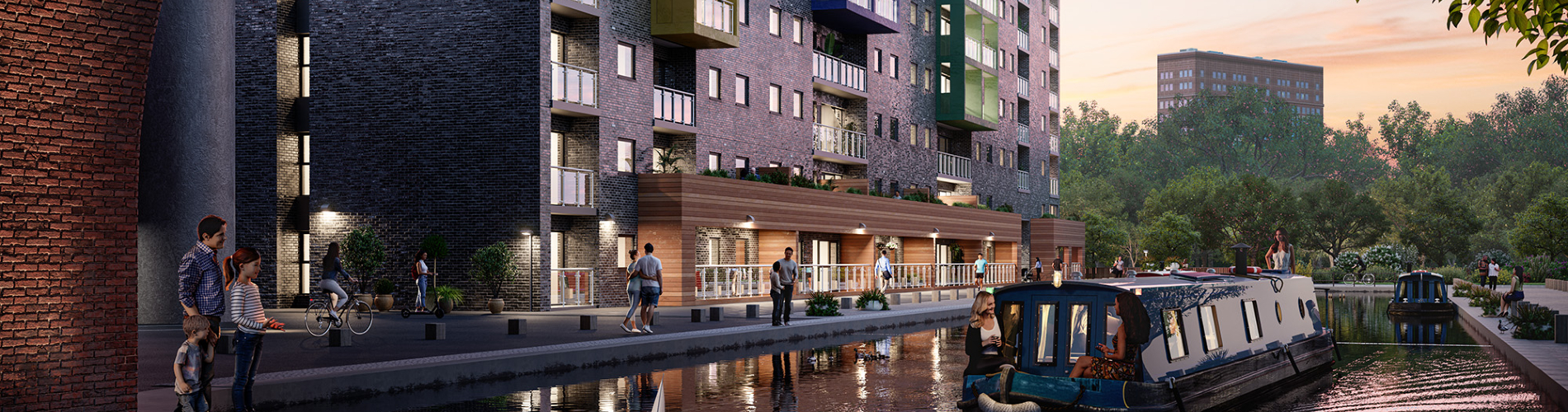 A CG rendering of the canalside view of Potato Wharf Manchester