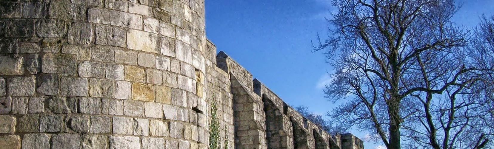 City walls of York against a bright blue sky, with bare trees in the background